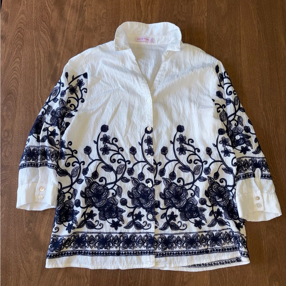 Women's White Button-Up Blouse with Navy Embroidery